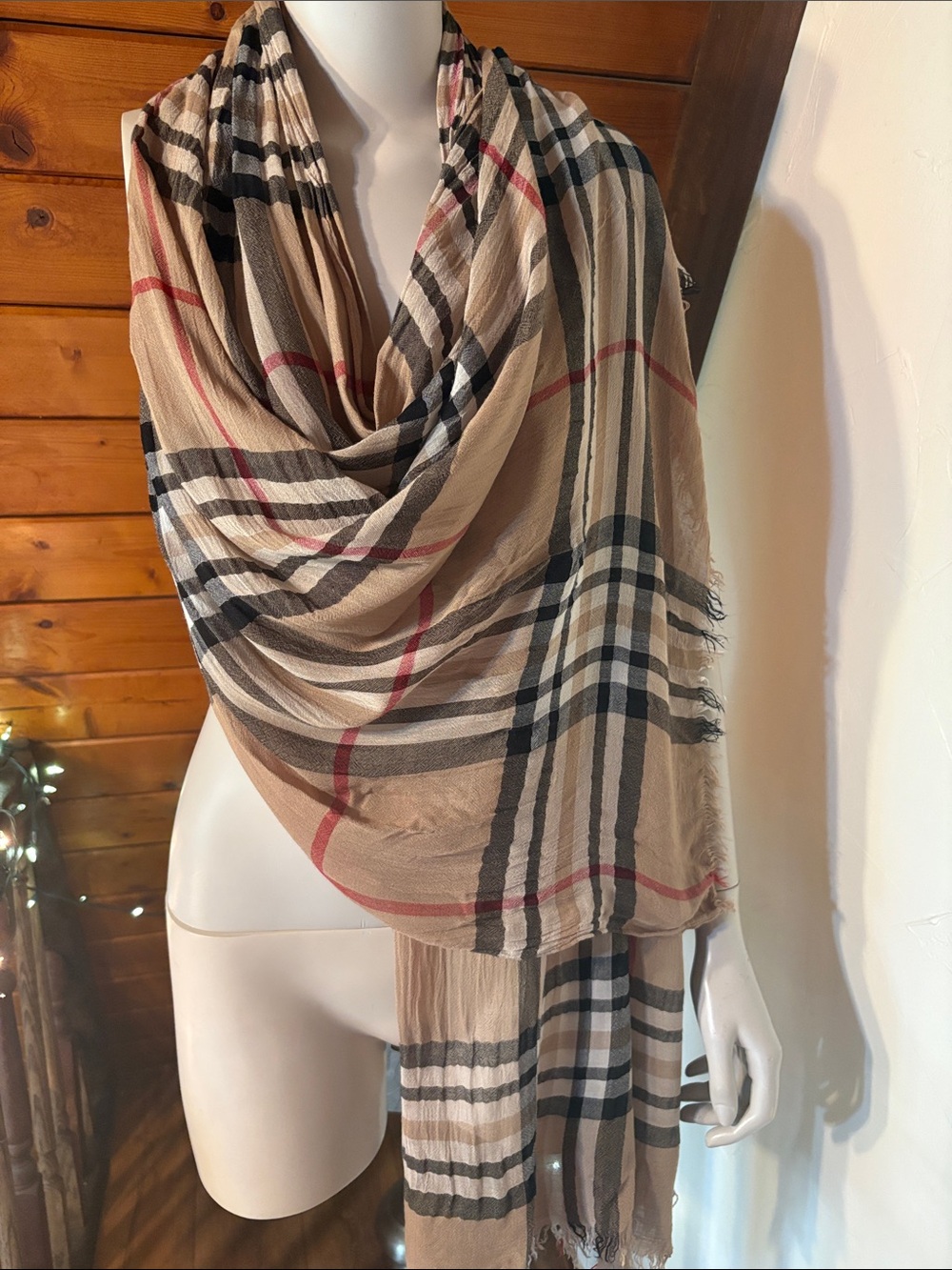 Plaid Check Scarf Tan Black Red Preppy Classic-72” long x 32” wide